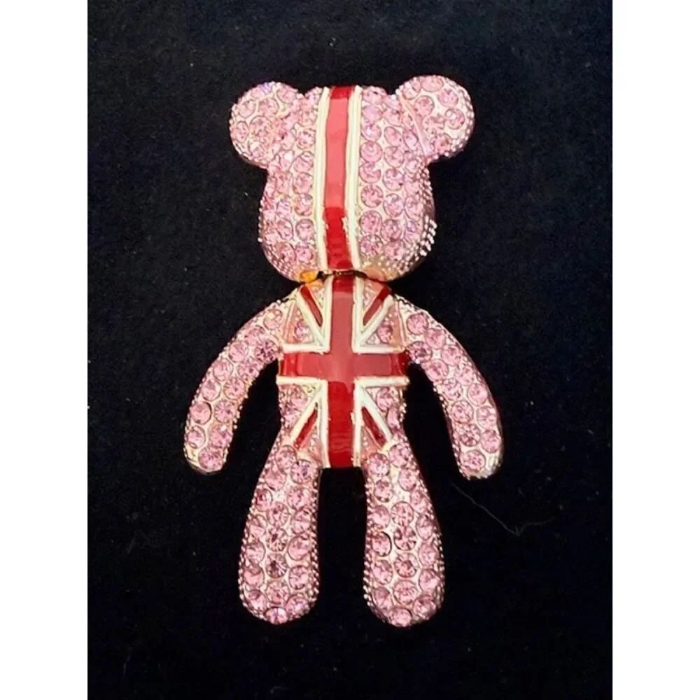 Pink Teddy Bear Crystal Brooch Britain Flag Pendant